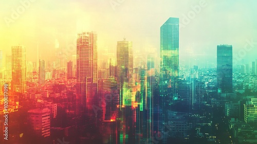 Colorful Abstract Cityscape with Tall Buildings