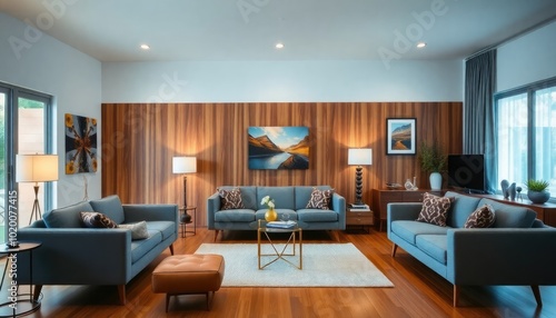 Mid-Century Modern living room with sleek furniture, featuring a simple gray sofa, a warm wood accent wall, and carefully curated decor that reflects the era's elegance.