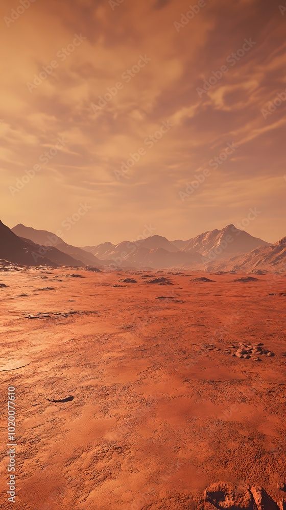 Naklejka premium A vast, red desert landscape on Mars with mountains in the background.