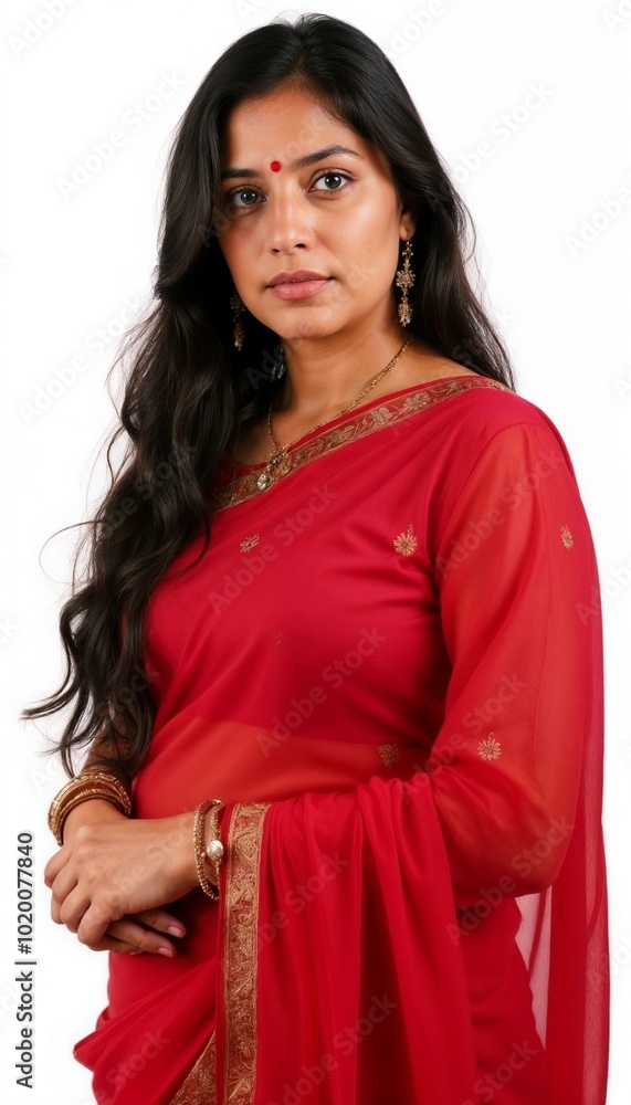 Elegant Indian woman wearing a red saree with a serious expression on a white background Elegant Indian woman wearing a red saree with a serious expression on a white background