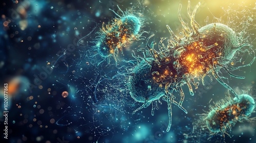 A highpowered image of bacteria dividing through binary fission, magnified to reveal the process in detail photo