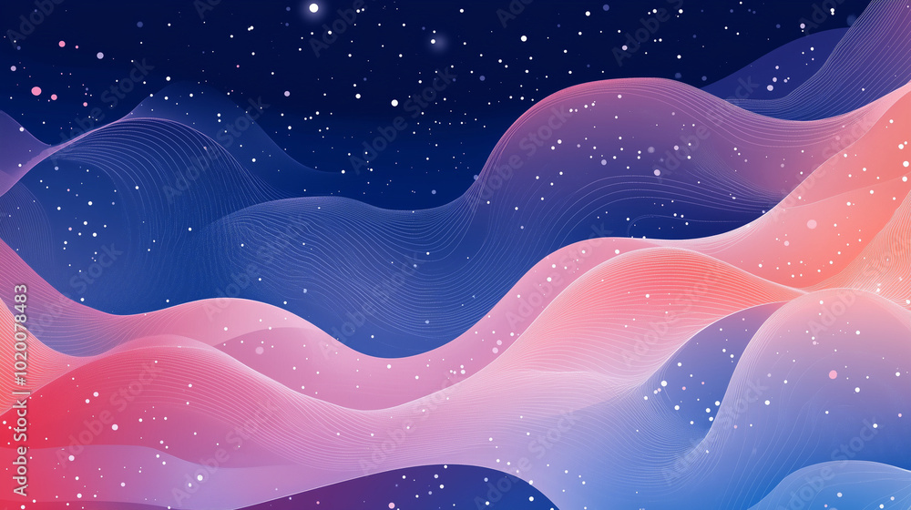 Fototapeta premium Abstract flowing waves with stars in blue and pink tones