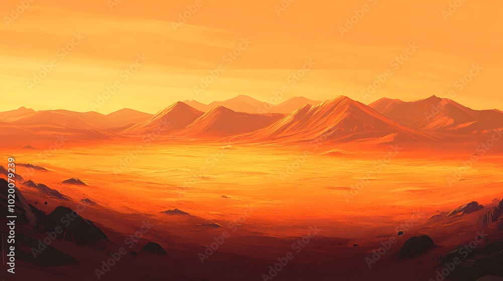 Naklejka premium A vast, red desert landscape on Mars with mountains in the background.