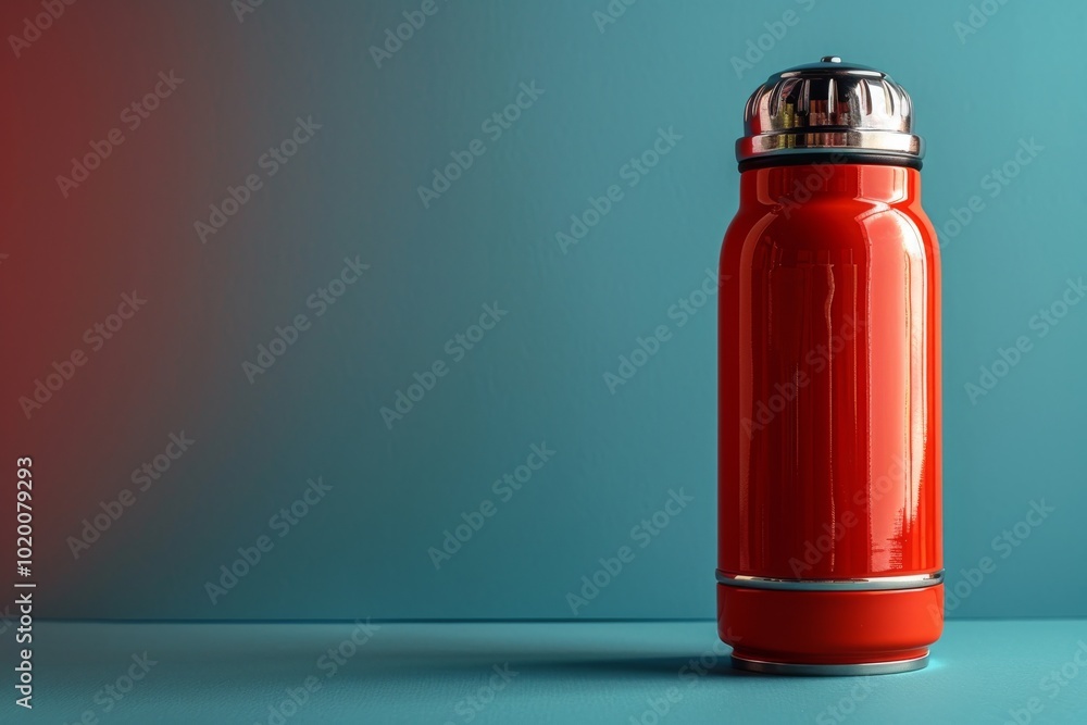 Red stainless steel thermos closeup, copy space, banner Red stainless steel thermos closeup, copy space, banner