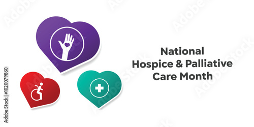 National Hospice and Palliative Care Month. Hand, people, plus icon and heart. Great for cards, banners, posters, social media and more. White background.  