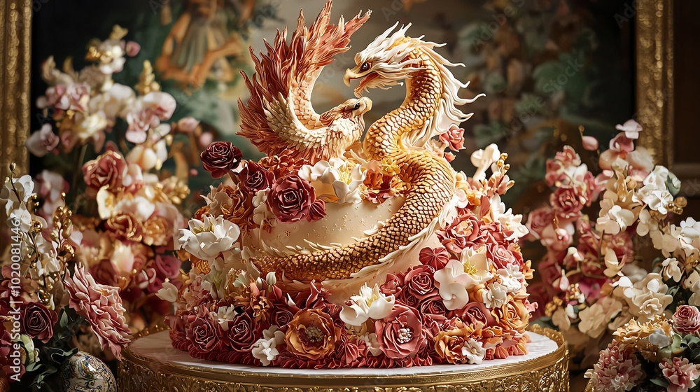 Obraz premium A lavish, ornate cake featuring a dragon and phoenix entwined among blooming roses and orchids, against a regal backdrop