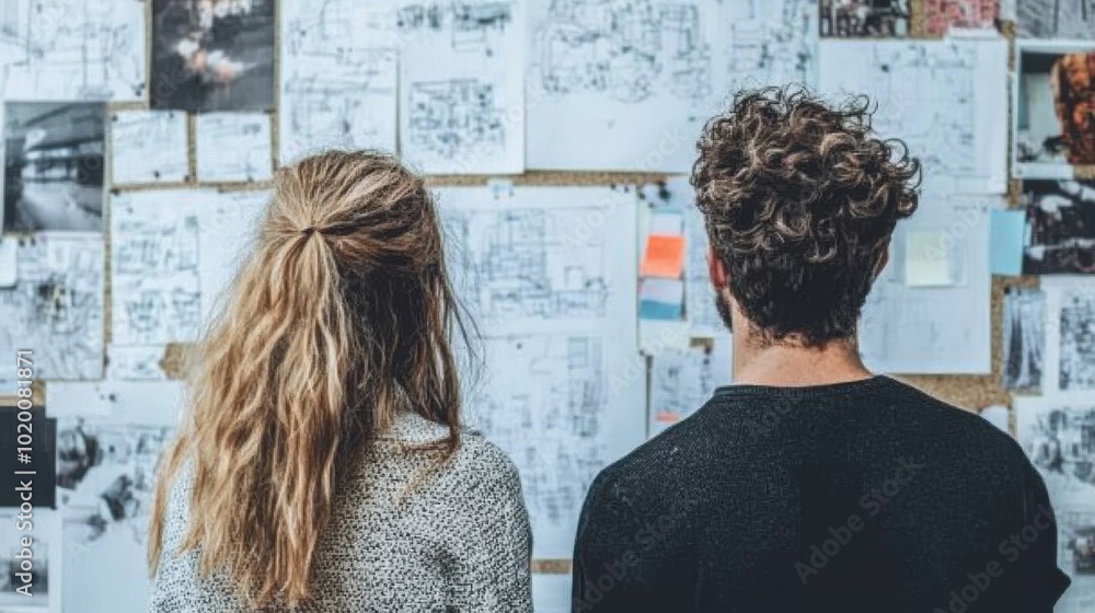 Two individuals examining a wall filled with sketches and plans in a creative workspace during the day Two individuals examining a wall filled with sketches and plans in a creative workspace during the day
