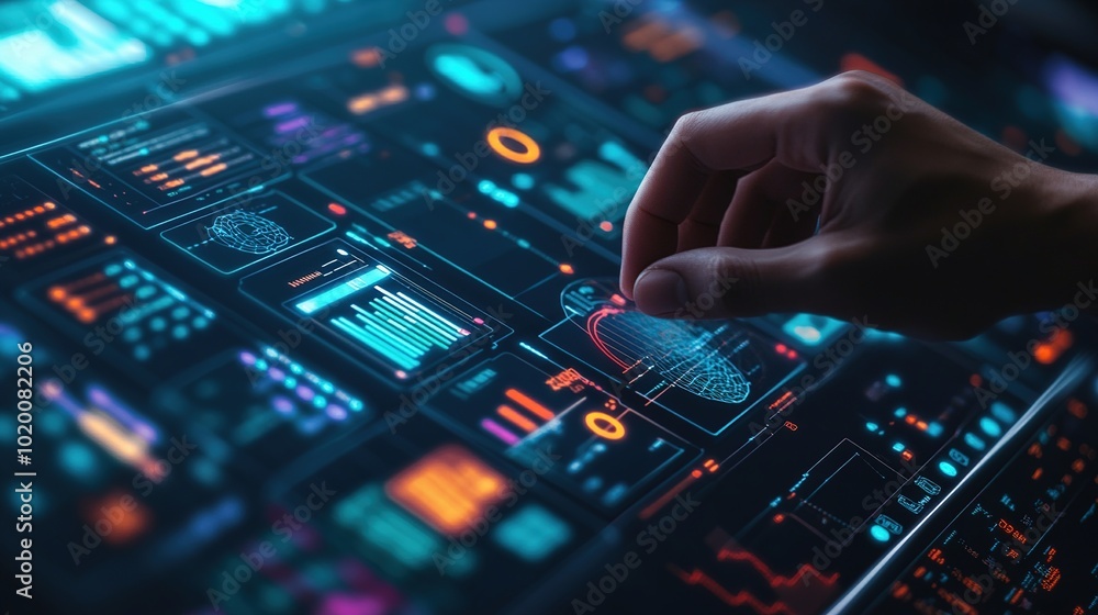 Futuristic Data Analysis Interface with Hand Interaction Futuristic Data Analysis Interface with Hand Interaction