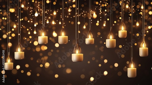 Cozy christmas candles illuminating a festive atmosphere surrounded by glowing hanging lights, perfect for holiday decor, seasonal celebrations, and warm winter vibes