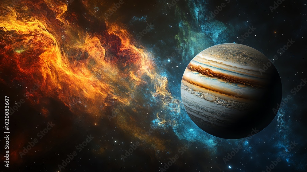 A massive gas giant planet with swirling clouds of red, blue, and yellow gases A massive gas giant planet with swirling clouds of red, blue, and yellow gases