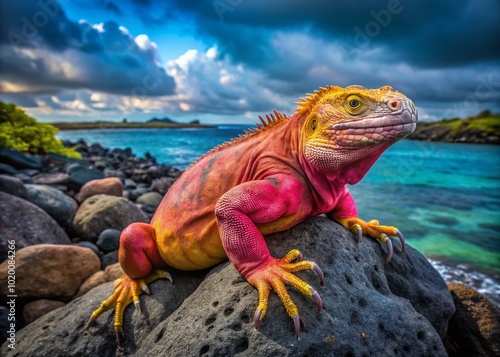 Vibrant Pink Land Iguana Resting on Rocks in Natural Habitat Under Bright Sunshine in Galapagos Islands photo