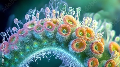 A microscopic civilization living on the surface of a pollen grain, seen through a highpowered microscope photo