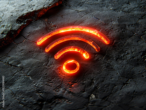 striking and conceptual artwork featuring glowing Wi Fi symbol on textured surface, evoking sense of connectivity and modern technology photo