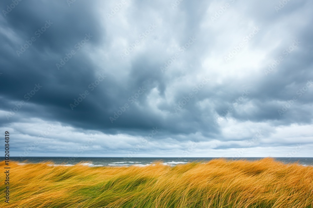 Fototapeta premium A dramatic landscape featuring golden grasses swaying under dark, overcast skies near the ocean.