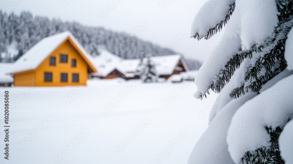 A cozy yellow house surrounded by a snowy winter landscape, with snow-covered trees and mountains in the background. A cozy yellow house surrounded by a snowy winter landscape, with snow-covered trees and mountains in the background.