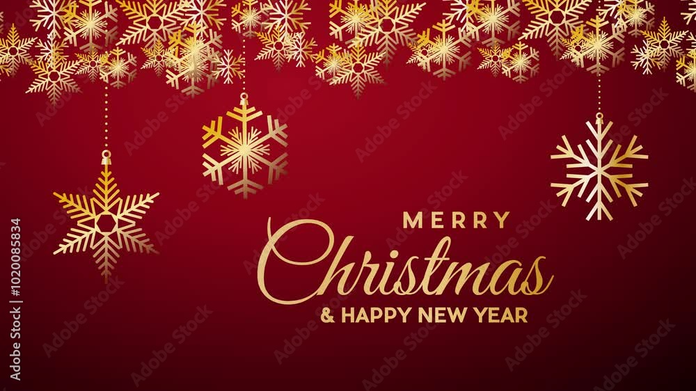 Golden christmas ornament hanging with golden snowflakes on a red and blue background. Golden christmas ornament hanging with golden snowflakes on a red and blue background.