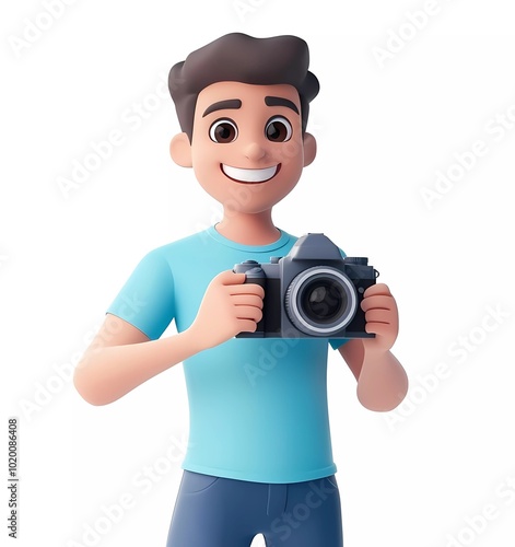 Obraz na płótnie A cartoon man holding an camera, taking photos with his right hand w salonie
