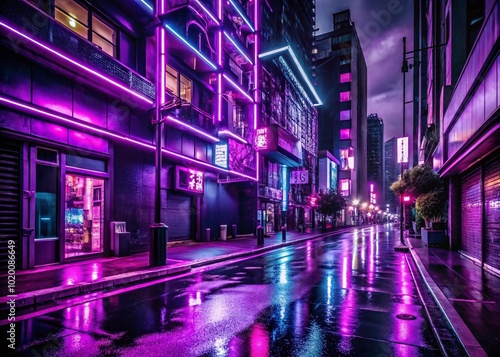 Vibrant Purple Neon Signs Illuminating a Dark Urban Scene at Night with a Futuristic Atmosphere