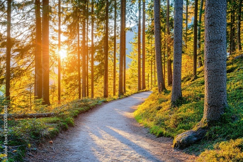 A scenic view of a hiking trail winding through a vibrant autumn forest. Golden hour light. Nature background.