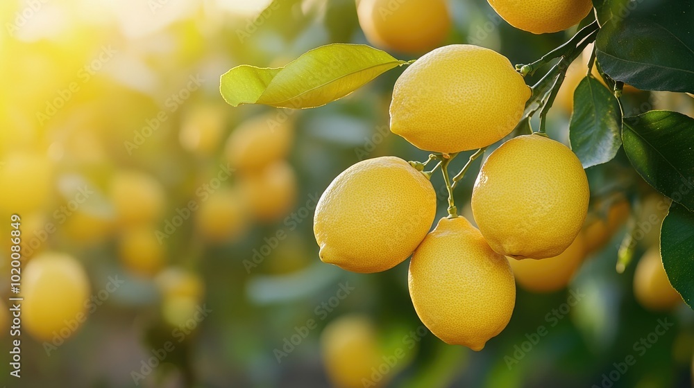 Fresh Ripe Lemons Hanging on Tree Branches in Sunlit Orchard with Vibrant Green Leaves and Warm Sunlight Fresh Ripe Lemons Hanging on Tree Branches in Sunlit Orchard with Vibrant Green Leaves and Warm Sunlight