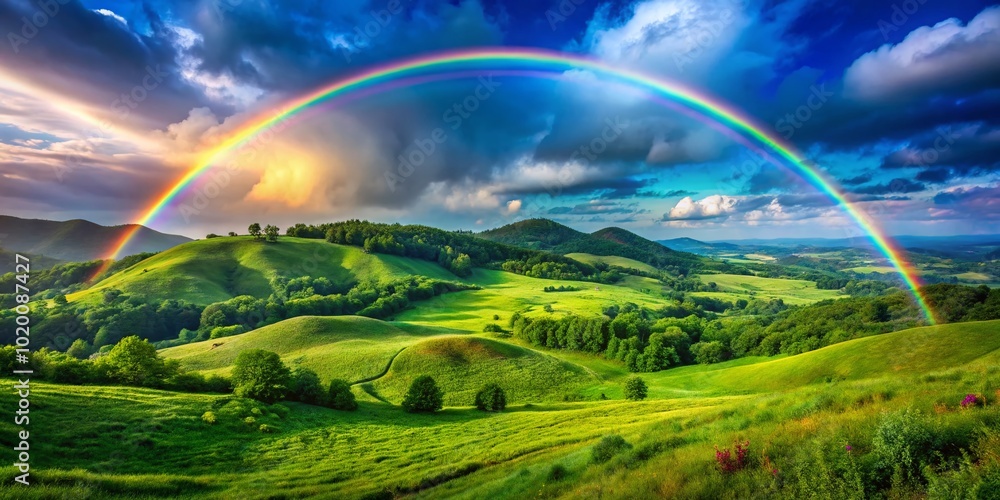 Vibrant Rainbow Arcing Over Lush Green Hills Under a Clear Blue Sky in a Serene Landscape Scene Vibrant Rainbow Arcing Over Lush Green Hills Under a Clear Blue Sky in a Serene Landscape Scene