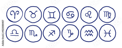 Line zodiac signs: aquarius, libra, leo, taurus, cancer, pisces, virgo, capricorn, sagittarius, aries, gemini, scorpio. Astrological calendar. Zodiacal vector horoscope. Hand drawn sketch