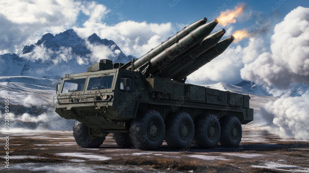 A military vehicle launching missiles in a mountainous landscape. A military vehicle launching missiles in a mountainous landscape.