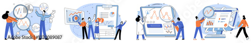 Competitors analysis vector illustration. Opposing, reflection, reveals mirror image strengths and weaknesses when facing competitors Inspect, detective, scrutinizes every detail, leaving no stone
