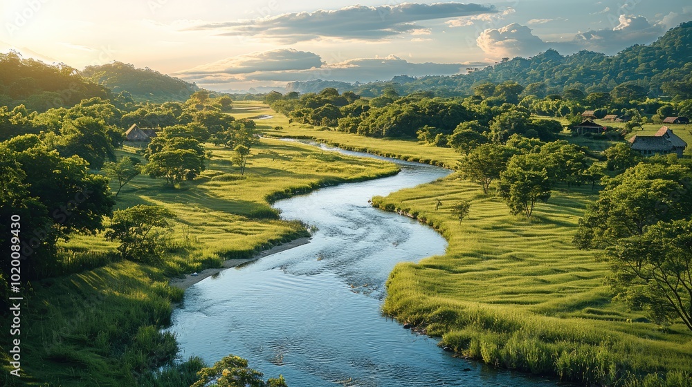 Fototapeta premium Green trees, A winding stream cuts through the fields, There are some villages on both sides of the creek, The clear water reflects the blue sky and white clouds.
