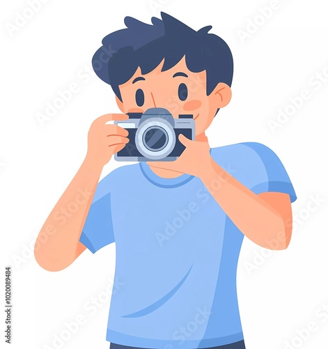 A young man is taking photos with his camera, simple icon design, white background,