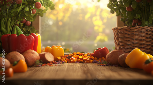 Fresh vegetables and fruits displayed on a wooden surface, natural light filtering through a window, creating a warm and inviting atmosphere.