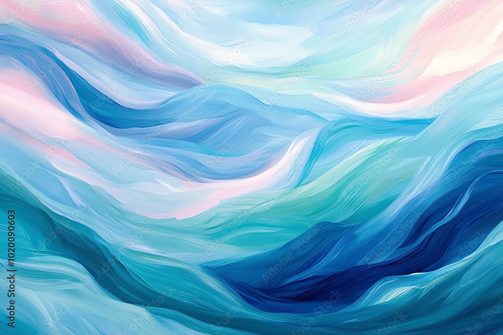 A peaceful abstract painting of soft, flowing waves in a soothing palette of blue, green, and pink A peaceful abstract painting of soft, flowing waves in a soothing palette of blue, green, and pink