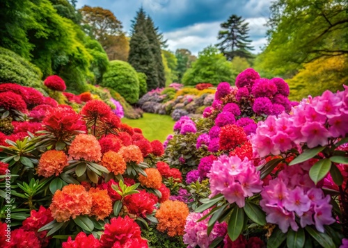 Vibrant Rhododendron Garden in Full Bloom Showcasing Colorful Flowers and Lush Green Foliage