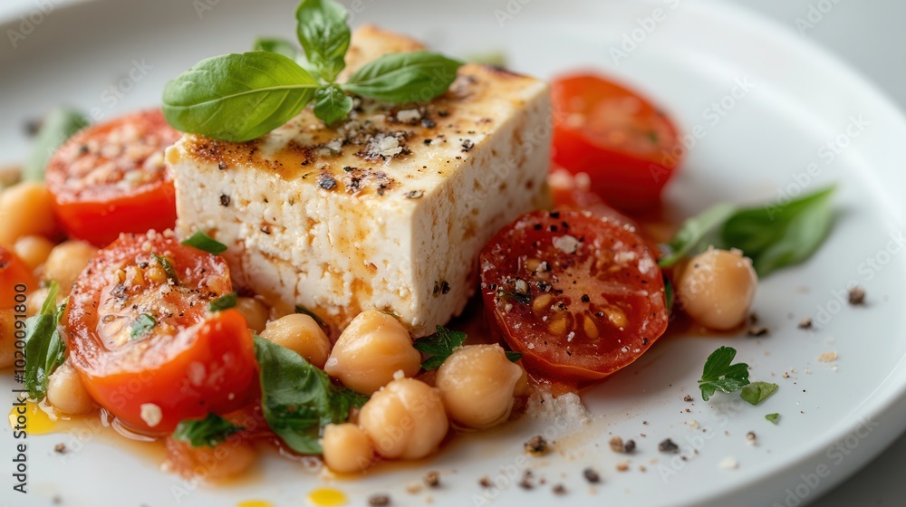 tofu with chickpeas and cherry tomatoes. dietary dish for vegetarian menu and diet tofu with chickpeas and cherry tomatoes. dietary dish for vegetarian menu and diet