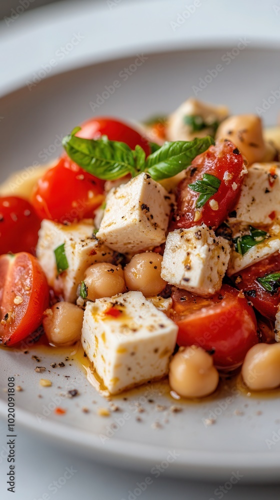 tofu with chickpeas and cherry tomatoes. soy meat, a dietary dish for a vegetarian menu tofu with chickpeas and cherry tomatoes. soy meat, a dietary dish for a vegetarian menu