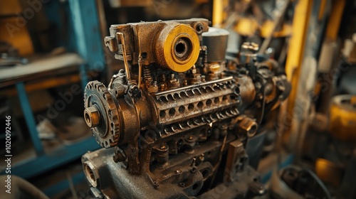 An engine that has been disassembled to replace parts. A mechanic is inspecting and repairing it to get it running properly again.