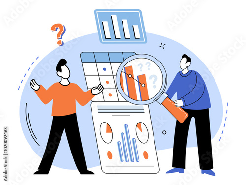Competitors analysis vector illustration. Examination, magnifying glass, scrutinizes competitors actions, seeking clues to their success Inspection, telescope, peers into competitive landscape