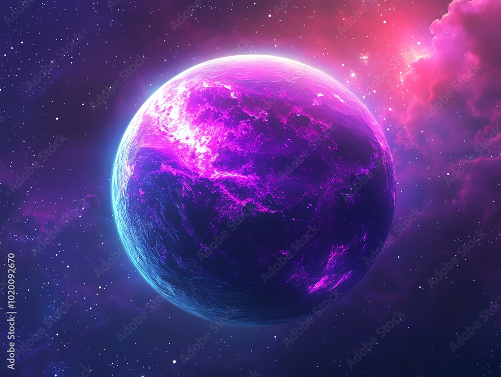 A planet with an atmosphere made of neon gases, glowing with vibrant colors under a distant star A planet with an atmosphere made of neon gases, glowing with vibrant colors under a distant star