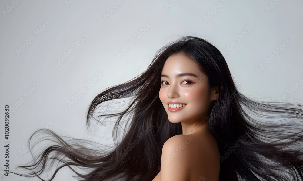 Portrait of a smiling woman with long, beautiful hair and elegant makeup in a studio. Suitable for advertising hair, beauty, skincare, spa. Generative ai Portrait of a smiling woman with long, beautiful hair and elegant makeup in a studio. Suitable for advertising hair, beauty, skincare, spa. Generative ai