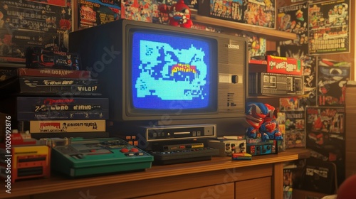 A retro 80s game console setup, with a chunky TV displaying pixelated graphics, surrounded by cartridges