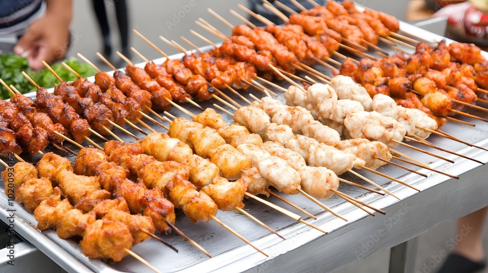 Grilled skewers of chicken and meat are arranged neatly on a barbecue grill, showcasing various flavors and colors. Grilled skewers of chicken and meat are arranged neatly on a barbecue grill, showcasing various flavors and colors.