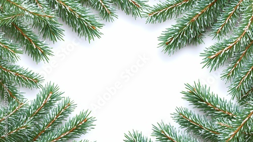 Snow-Covered Pine Branches Creating a White Background Border