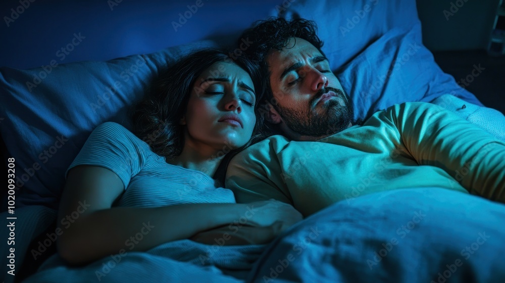 A couple peacefully sleeping together in a dimly lit bedroom. A couple peacefully sleeping together in a dimly lit bedroom.