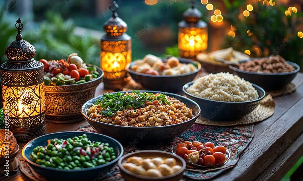 A vibrant spread of traditional dishes on a table with lanterns. A vibrant spread of traditional dishes on a table with lanterns.