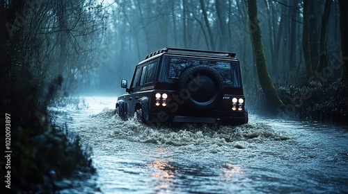 The SUV drives through deep water on a natural path, showing strength and ability to face all environments."