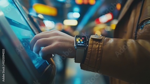 A customer taps his smartwatch at a payment terminal. Wearable payments make it quick and easy to make purchases.