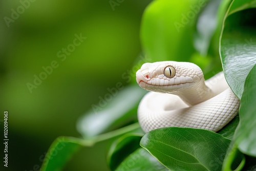 A close-up of a white snake resting among vibrant green leaves, its pale scales contrasting sharply with the lush foliage, creating a serene and striking image of nature's beauty photo