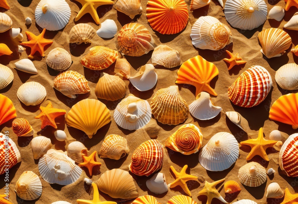 vibrant seashells displayed colorful coastal sand bright beach elements under illuminated sunlight, ocean, water, shoreline, nature, tropical, summer vibrant seashells displayed colorful coastal sand bright beach elements under illuminated sunlight, ocean, water, shoreline, nature, tropical, summer