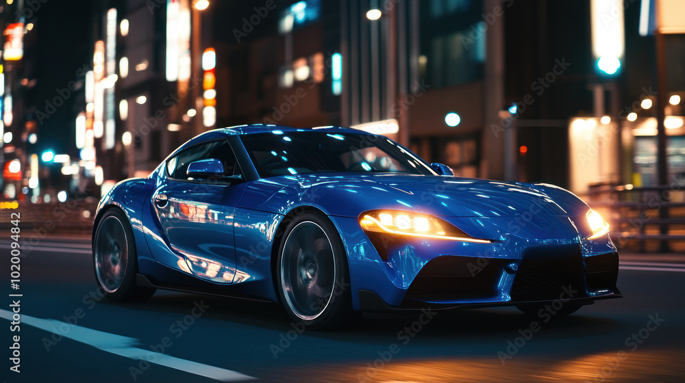 A sports car runs on a city road at night. The LED headlights shine and the body is designed to be aerodynamic, increasing efficiency and speed. A sports car runs on a city road at night. The LED headlights shine and the body is designed to be aerodynamic, increasing efficiency and speed.