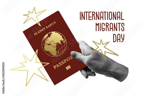 Poster for International Migrants Day, December 18. Holiday of people who moved to live in another country. Political refugee. Hand holding a passport. Vector illustration in trendy style.